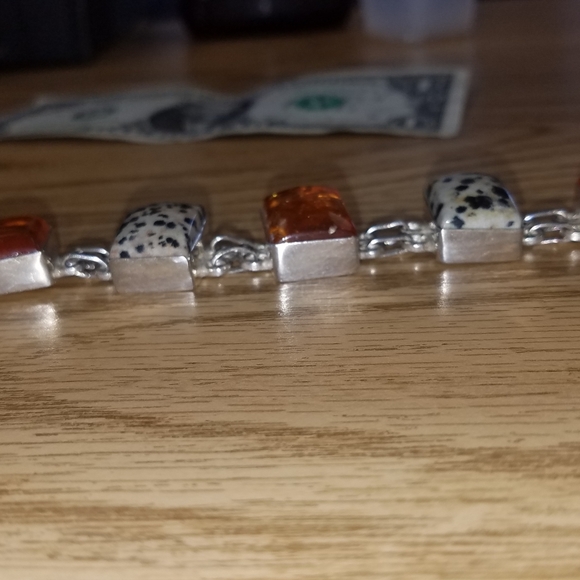 New Sterling silver Dalmation jasper and repressed  amber bracelet - Picture 2 of 7